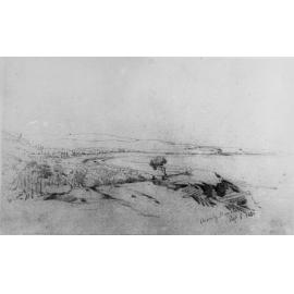 Sketch showing panoramic view north over Manly Beach and shoreline, Manly, 1850