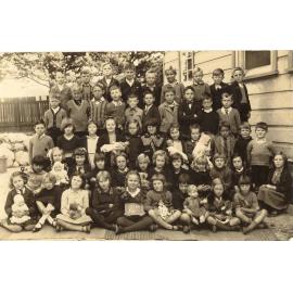School pupils of the Garden School, Wanganella Street, Ruth Hutchin holding slate, Balgowlah NSW 2093, c1930s