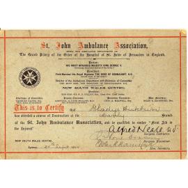 St John Ambulance First Aid certificate, Gladys Hutchin 1914
