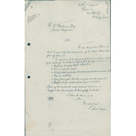 Letter from Robert Harper regarding destruction of water closet, Newport, 1908