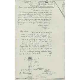 Reply from Robert Harper to Charles Friend on Mr Andersens Offer, Newport, 1913