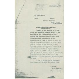 Letter from James Dawson to Robert Harper regarding Long Service Leave, 1916