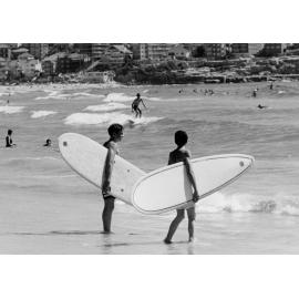 Two surfers about to enter the surf at Manly Beach, Manly, c1967-1973