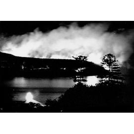 Fire at Dobroyd Head with Norfolk Island pines in foreground, Manly, c1967–1973