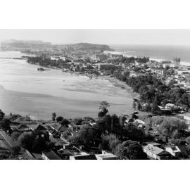 Aerial view of Narrabeen Lagoon and Narrabeen Beach, c1967–1973