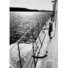 Side platform on one of the old hydrofoils cruising in Sydney Harbour, c1967–1973