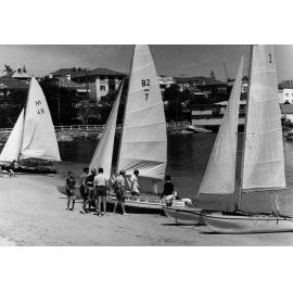 Sailboats on the beach at East Esplanade, Manly, c1967–1973