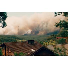Bush fire smoke over Frenchs Forest from residential area, Frenchs Forest, 1994