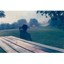 Bush fire activity near playing field, Allambie Heights, 1990