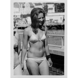 Lady in swimwear atop the Many Aquarium, Manly, c1967-1973