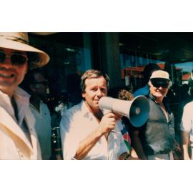 John Goss with the megaphone at Seaforth Motor Race show, Seaforth, 1985