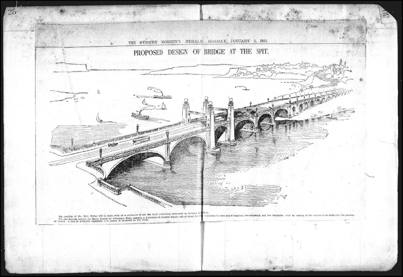 LH013459-030 Wellings Cuttings Books Fiche 2 Vol 2a 1923-1928. The Sydney Morning Herald, Monday, January 1, 1923 - Proposed Design of Bridge at The Spit